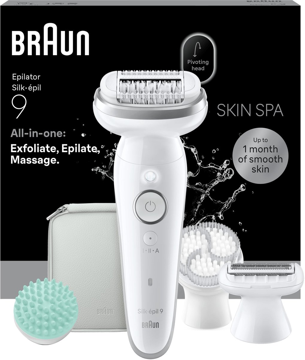 Braun Silk·épil 9 SkinSpa 9-080 - Wet & Dry Epilator - Langdurig Gladde Huid - Flexibele Kop - Exfoliatieborstel, Massagepad, Ladyshave Scheerkop en Trimmerkam