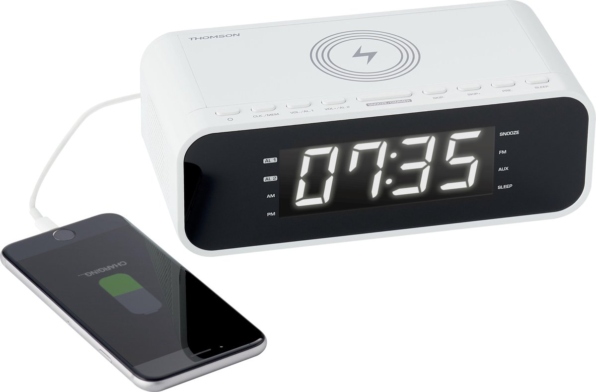 Thomson CR221I - Wekkerradio - Dubbel alarm - Inductie Telefoon oplader - Wit