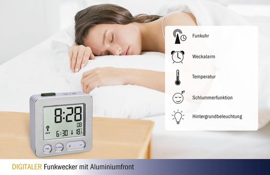 TFA Digitale Wekker - Zilver - Meet Binnentemperatuur  - Datum - Alarm - Achtergrondverlichting