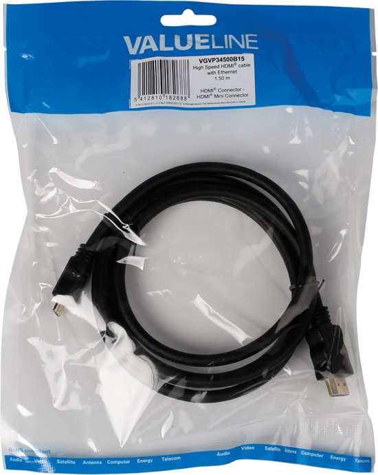 Valueline High Speed HDMI-kabel met ethernet HDMI-connector - HDMI mini-connector 1,50 m zwart