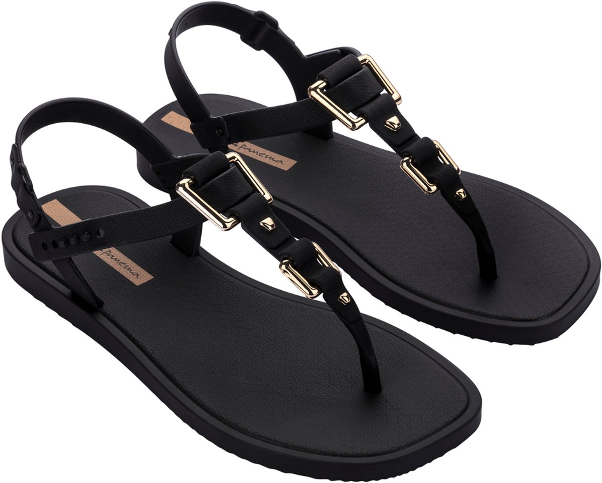 sandalen, zwarte sandalen, touwriemen, goudkleurige gesp, flip-flops non-brand