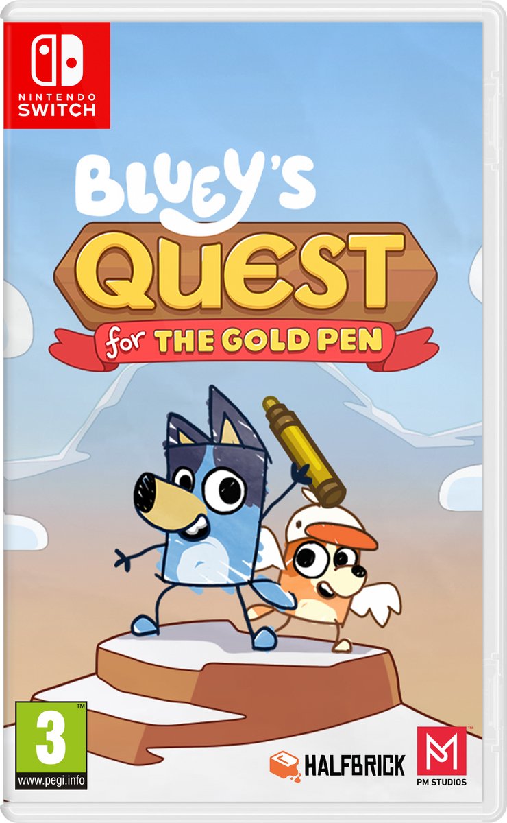 Nintendo Switch, Bluey's Quest, game cover, wolf character, ice world
