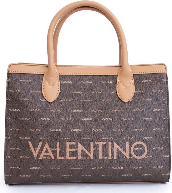 handtas, tote, polyester, logo patroon, cognac kleur