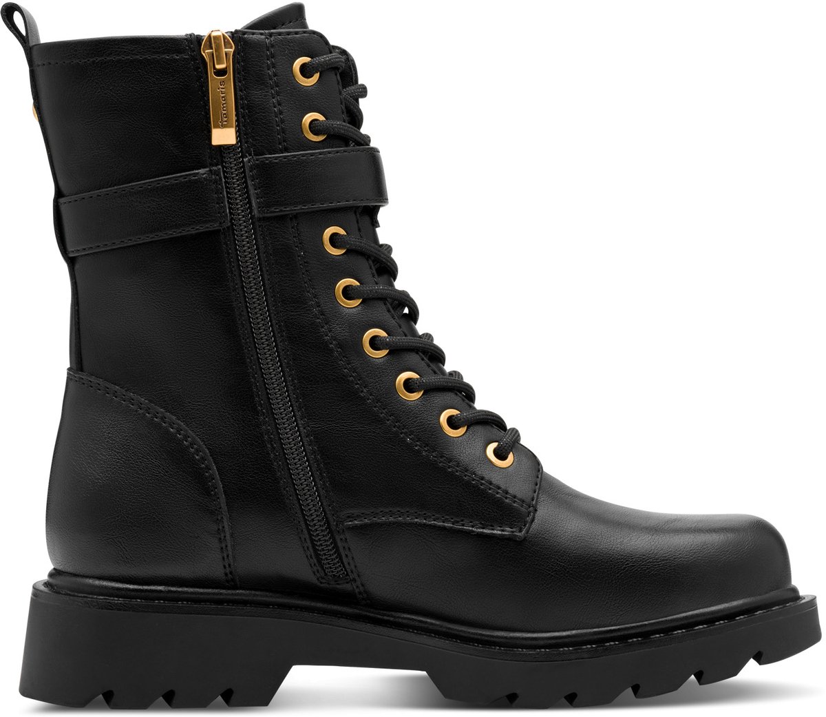boot, zwart, combat boot, veterlaars, gouden hardware