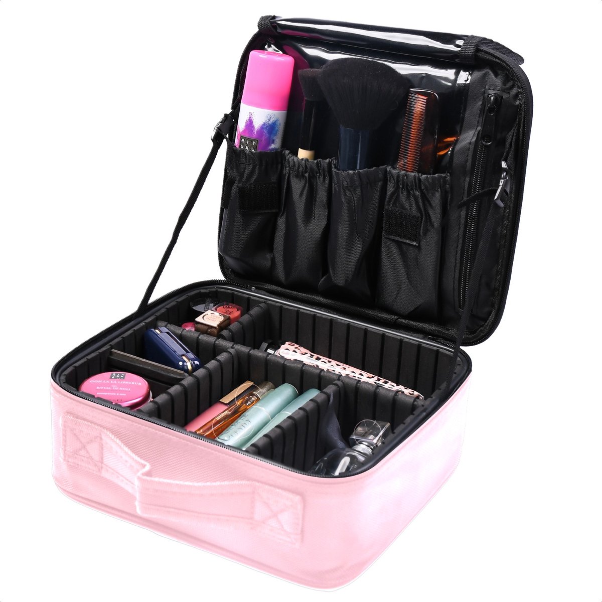 makeup case, cosmetic organizer, pink case, travel kit, divided compartments