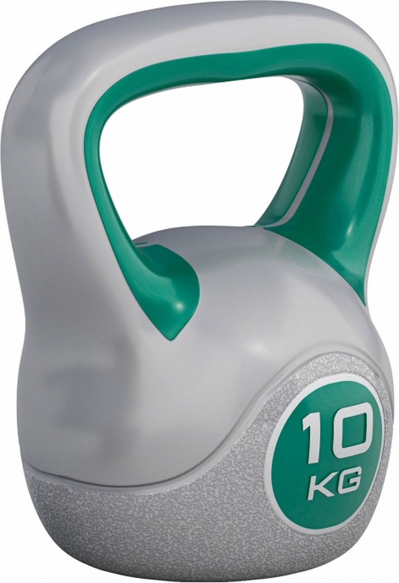 kettlebell, 10 kg, grijs, turkoois, antislip handvat