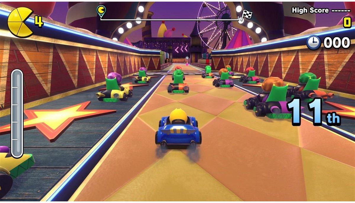 kinderwagen, race game, kart, oranje hemel, zijaanzicht