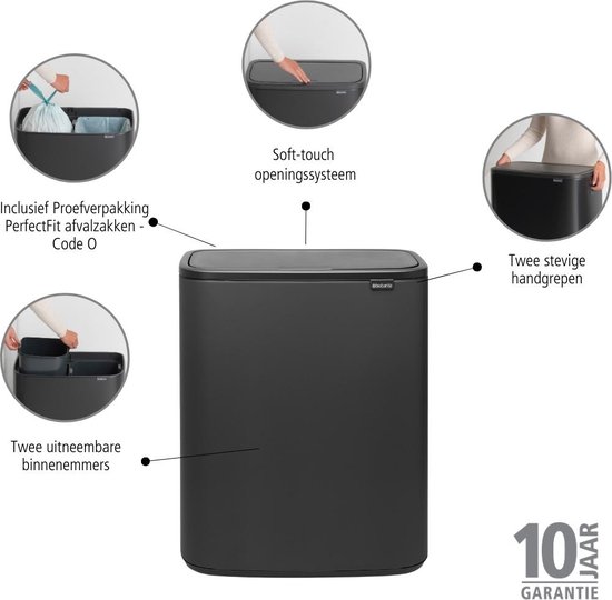 Brabantia Bo Touch Bin Prullenbak - 2 x 30 liter - Afvalscheiding - Mineral Infinite Grey
