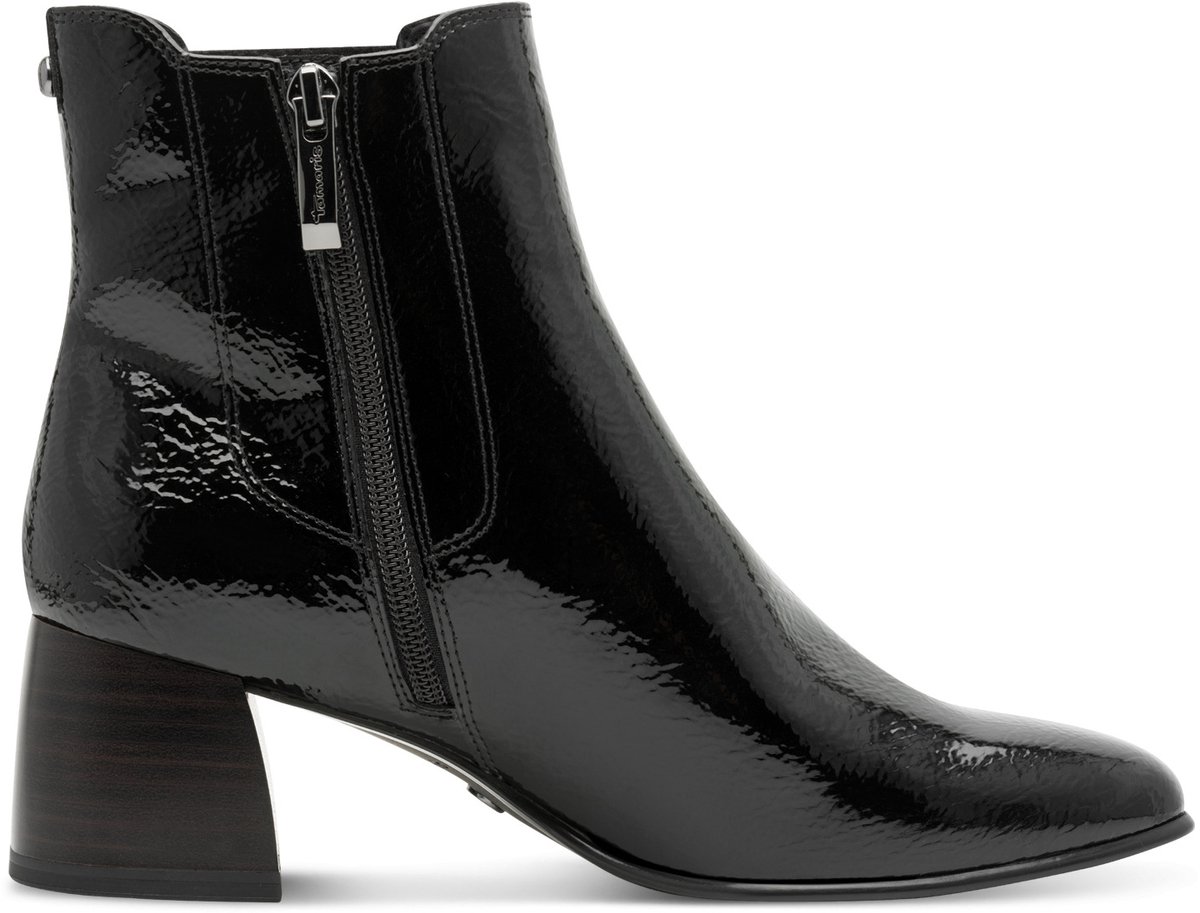 ankleboot, zwart patent, zijdeluid-rits, blokhiel, middenhiel