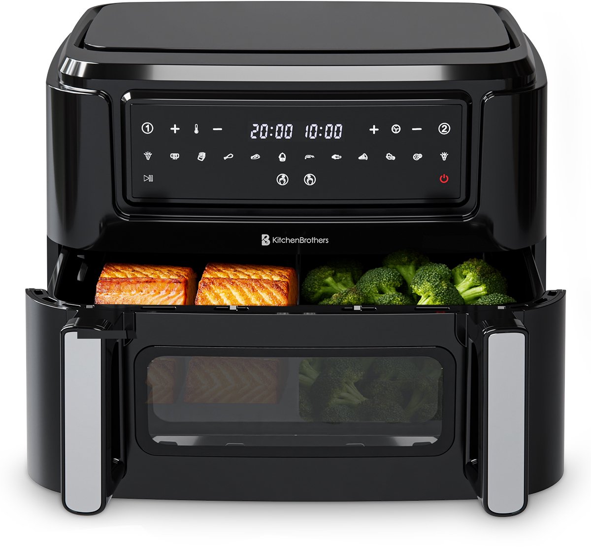air fryer, digitale display, zwarte kleur, broccoli, zalm