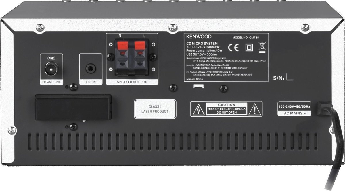 CD micro system, speakers, back panel, AC mains, laser product