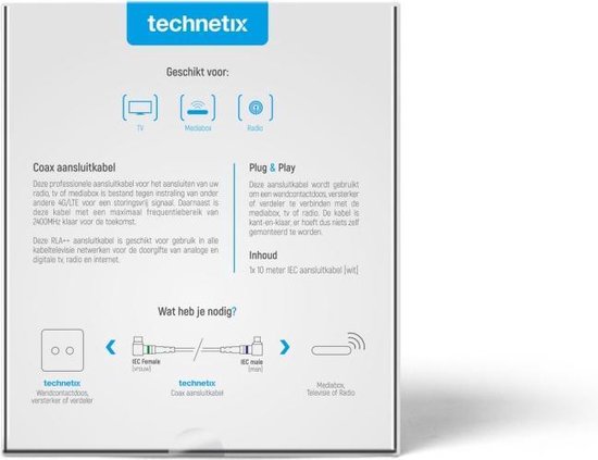 Technetix TN-RLA 21-10-S Coaxkabel Male - Female Haaks 90° 10 M Wit/zilver