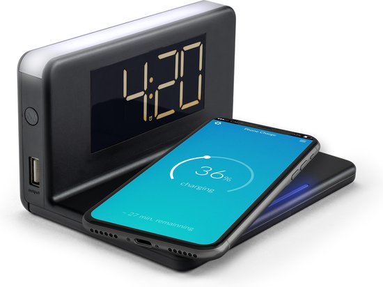 Caliber HCG018QI/B - Wekker met draadloos laden en groot scherm - Zwart