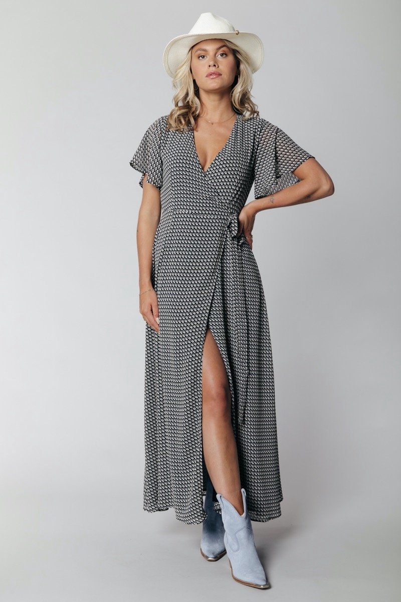 maxi dress, wrap dress, polka dot pattern, short sleeves, slit