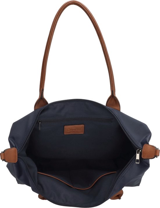tas tote, tassen donkerblauw, bruine handvatten, bovenrits, interieur vak
