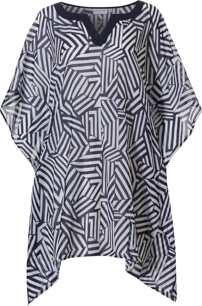 poncho, geometrisch patroon, semi-transparant, navy, kaftan/poncho top