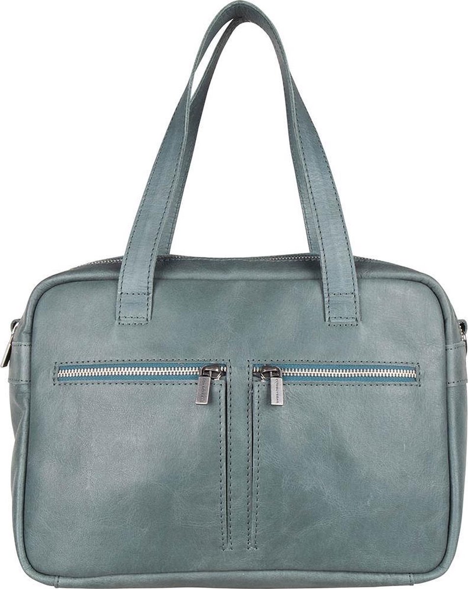 handtas, lederen tas, tweedeurszak, blauwe tas, zipperzak