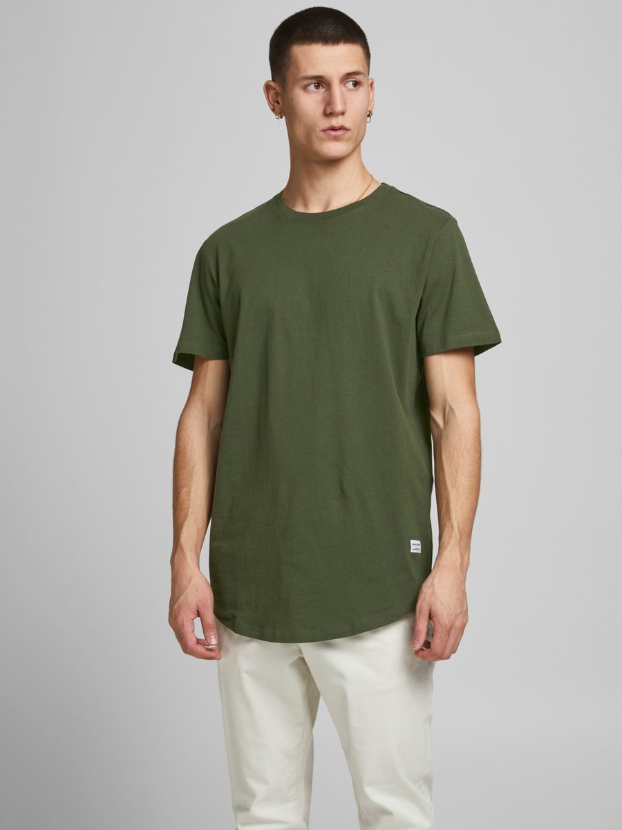 t-shirt, olijf, korte mouwen, kraagloos?, effen