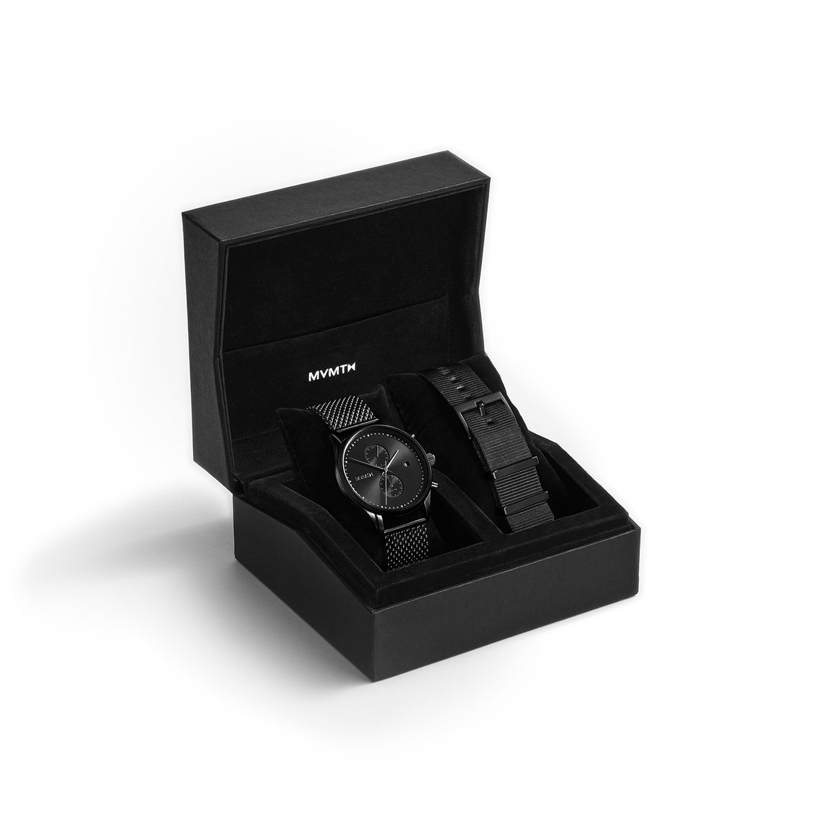 horloge, zwarte klok, roestvrij staal, mesh band, doos verpakking