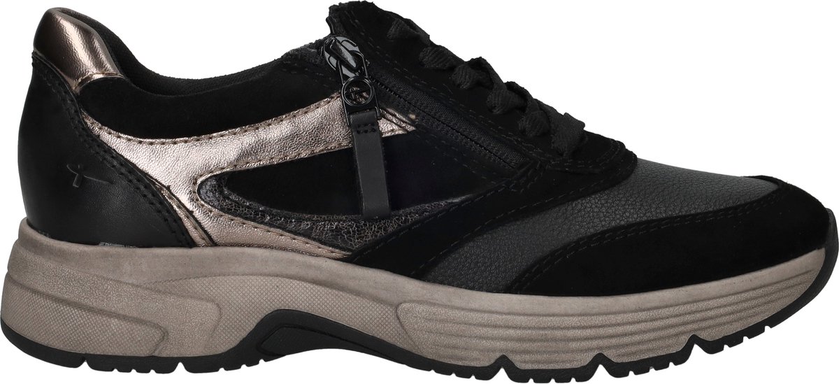 sneaker, hardloopschoen, zwarte schoen, leren accenten, gewatteerde zijkant