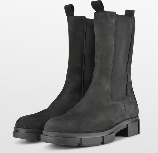 PS Poelman Lynn Dames Nubuck Leren Chelsea- Maat 41 - Enkellaarzen met Elastiek - Zwart