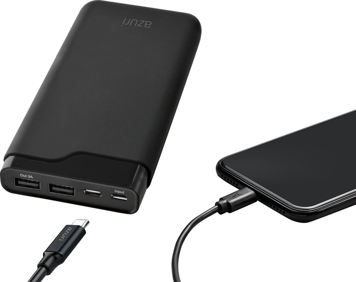 Azuri powerbank met 1 USB-A en 1 USB-C poort - 15000 mAh - Zwart