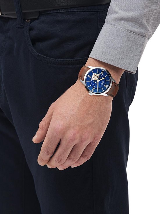 horloge, polshorloge, bruin band, blauw wijzerplaat, analoge klok