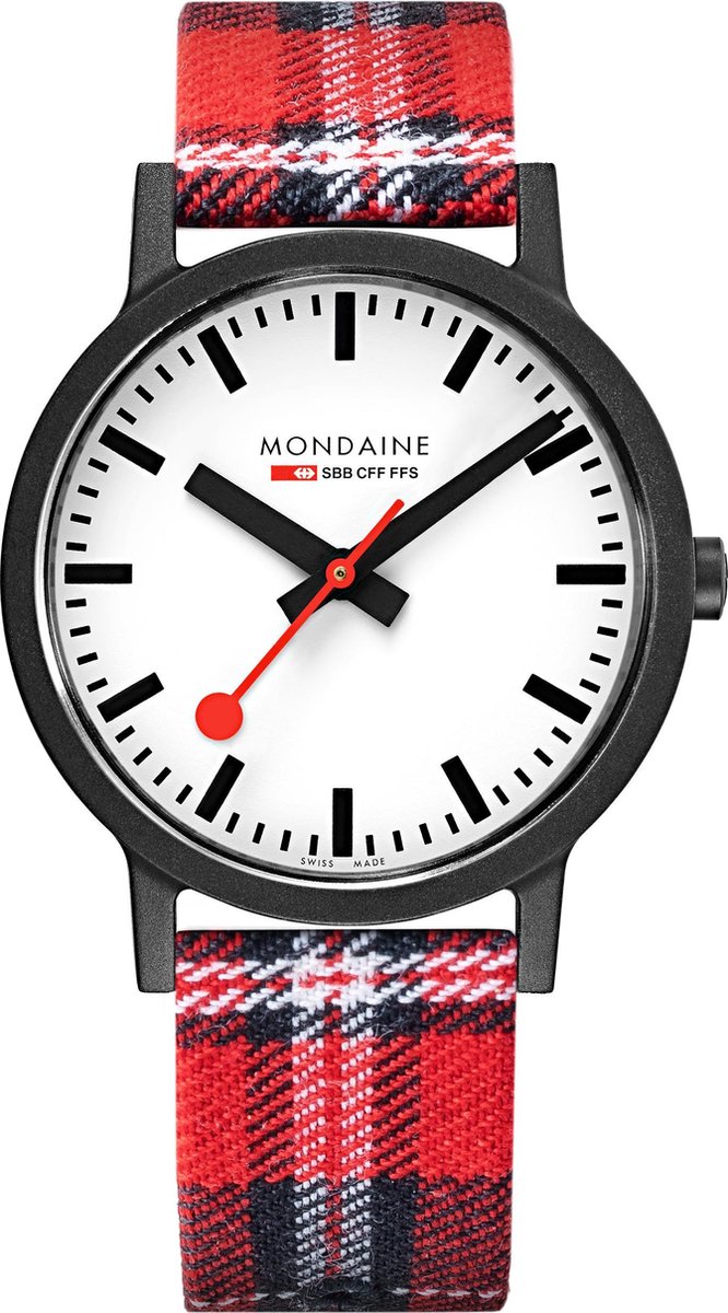 horloge, analoge klok, plaid band, rood, zwart wit