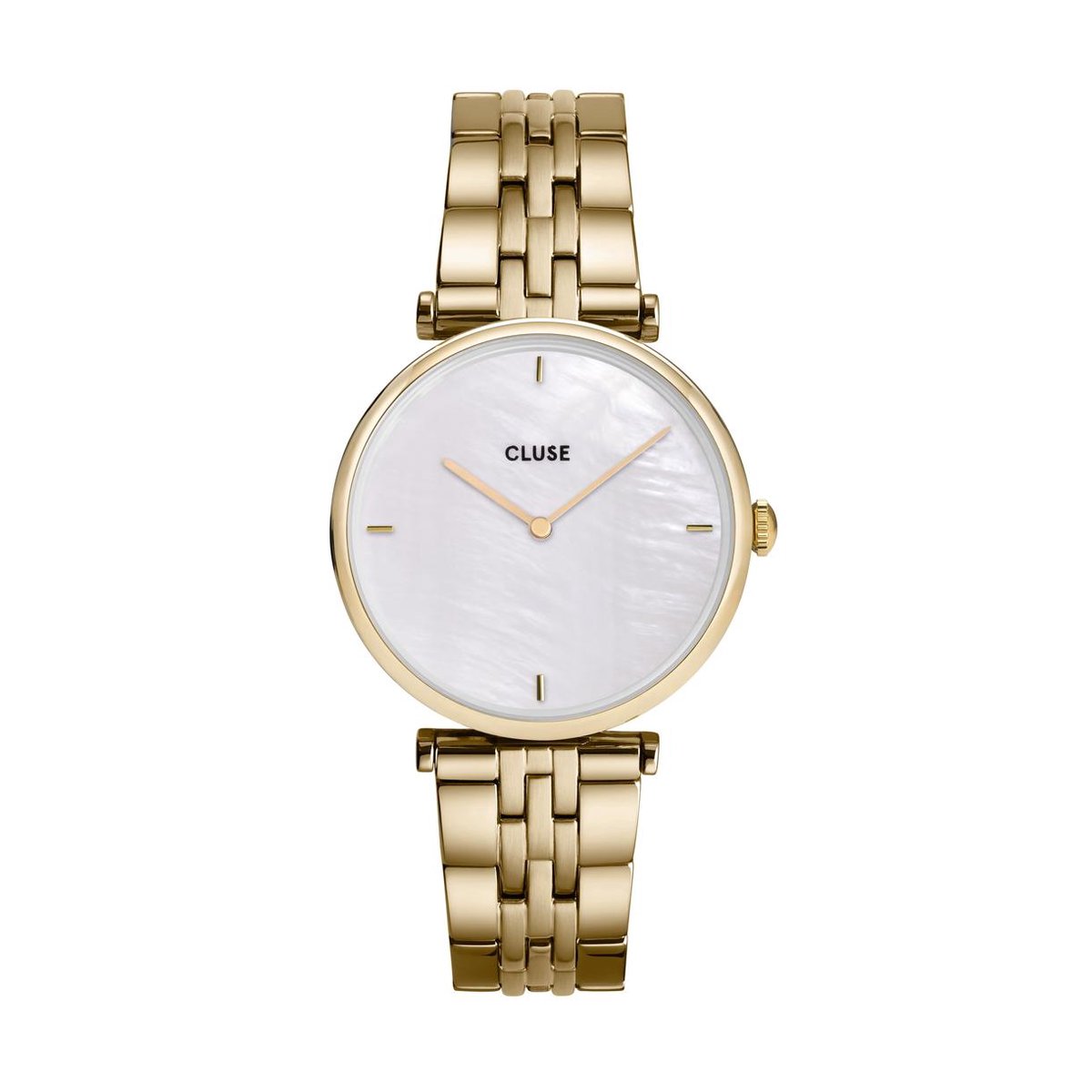 goudkleur, horloge, metalen band, witte wijzerplaat, klein/zilverkleur