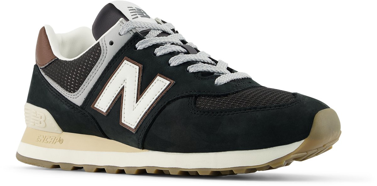 sneaker, athletic shoe, black suede, white N logo, gum outsole