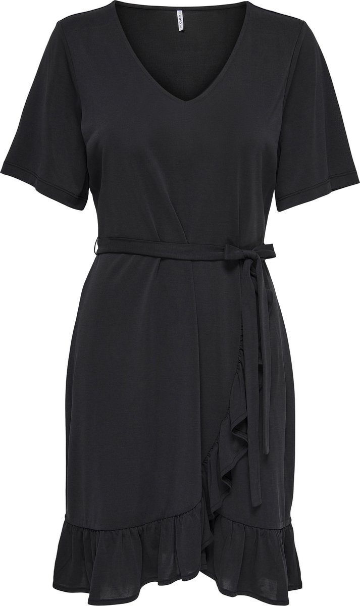 jurk, korte mouwen, V-hals, riem, zwart