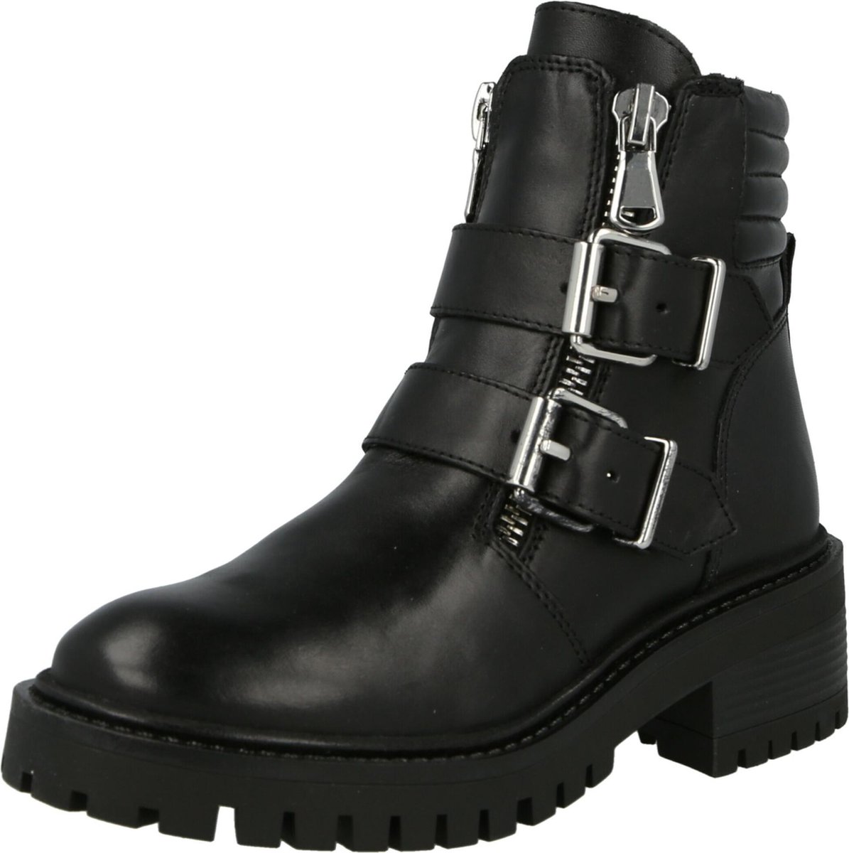PS Poelman Klara Dames Leren Chunky Biker Boot  - mt 41 - met Gespen en Ritssluiting - Zwart