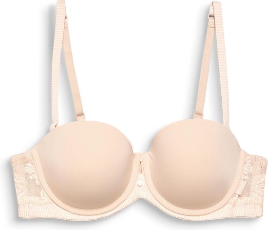 strapless, lacy, padded, beige, underwire