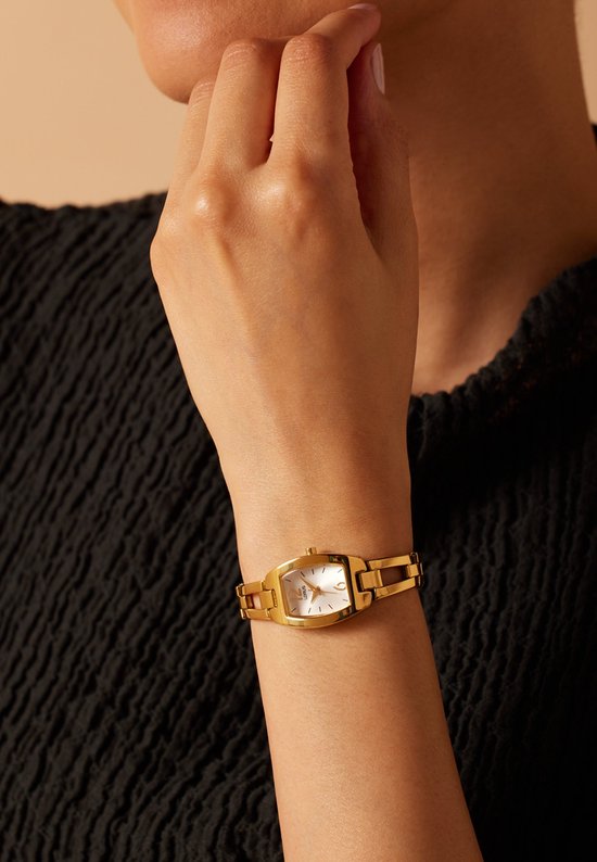 horloge, wristwatch, goudkleurig, metaal, polshorloge