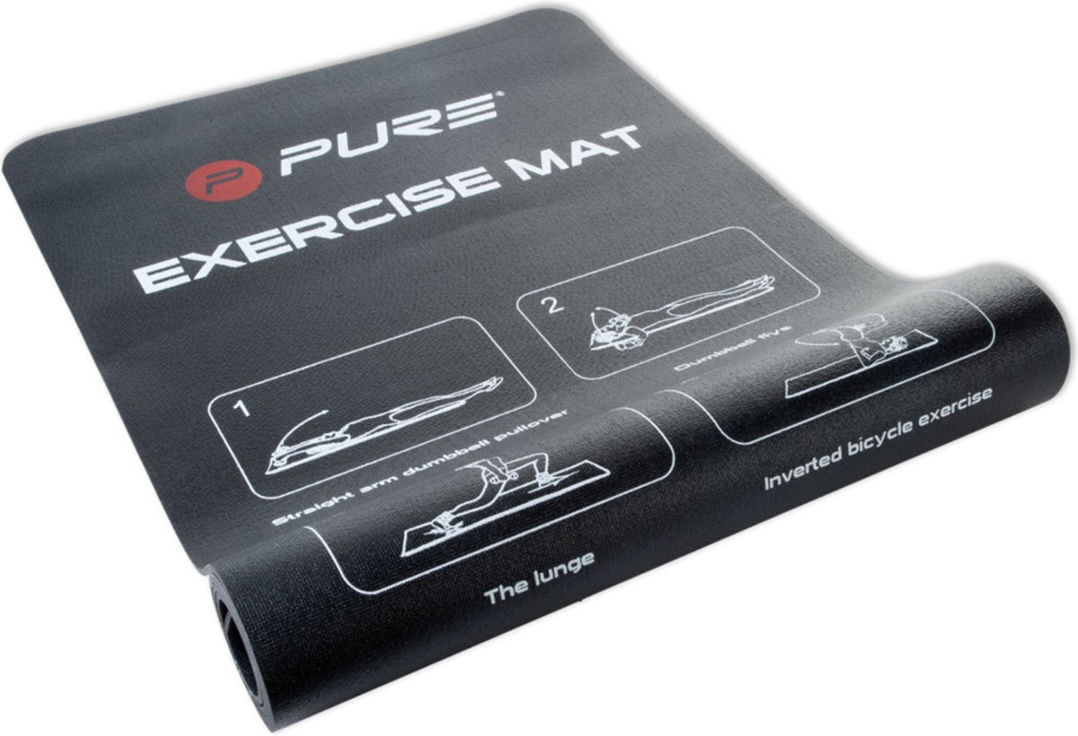 exercise mat, yoga mat, rubber mat, black mat, instructional graphic
