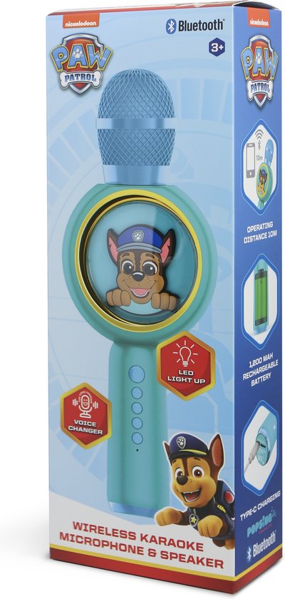 Paw Patrol Chase - PopSing karaoke microfoon - draadloos - LED verlichting - speaker - stemvervormin