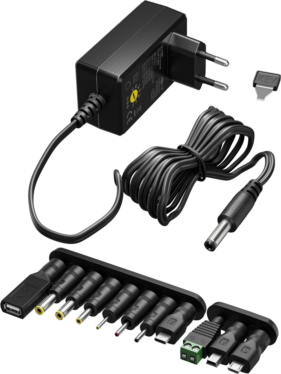 oplader, AC-adapter, koppelkabel, verstelbaar adapterset, DC-connectoren