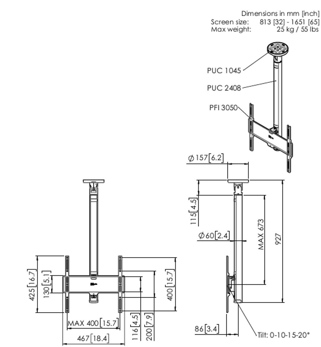 Vogel’s CT40844BC tv-plafondbeugel 80 cm buis | 32-65" | max 25kg | VESA 400X400