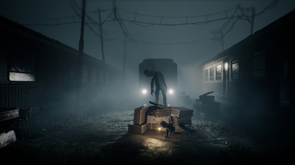 horror, treinstation, silhouet, bagage, mist