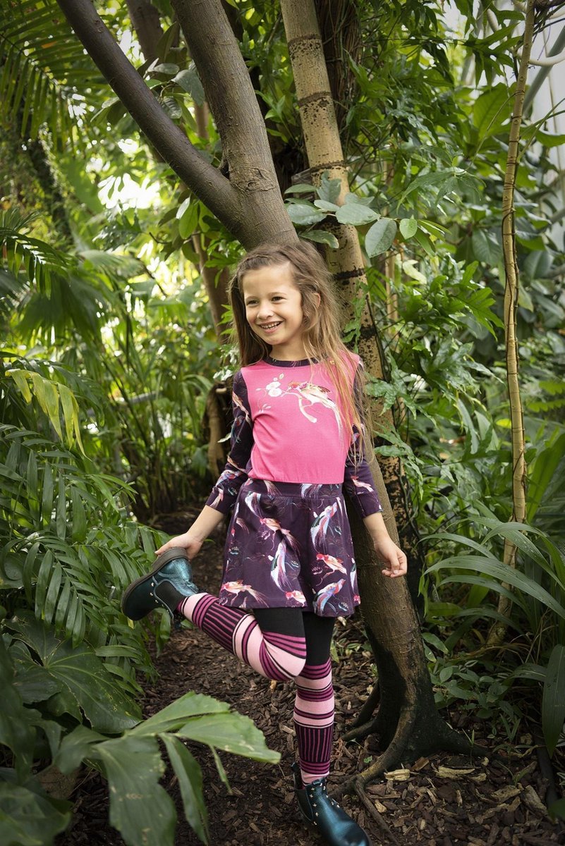 Mim-pi - Maat 110 - Meisjes Jurk - Bordeaux rood met roze