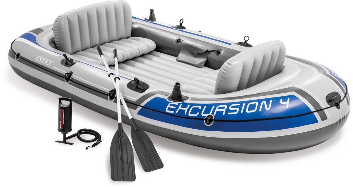 Intex Excursion 4 - Roeiboot Opblaasbaar Met Peddels - 4 personen - 3,15 x 1,65 m - Blauw/Grijst - Vissen & Recreatie