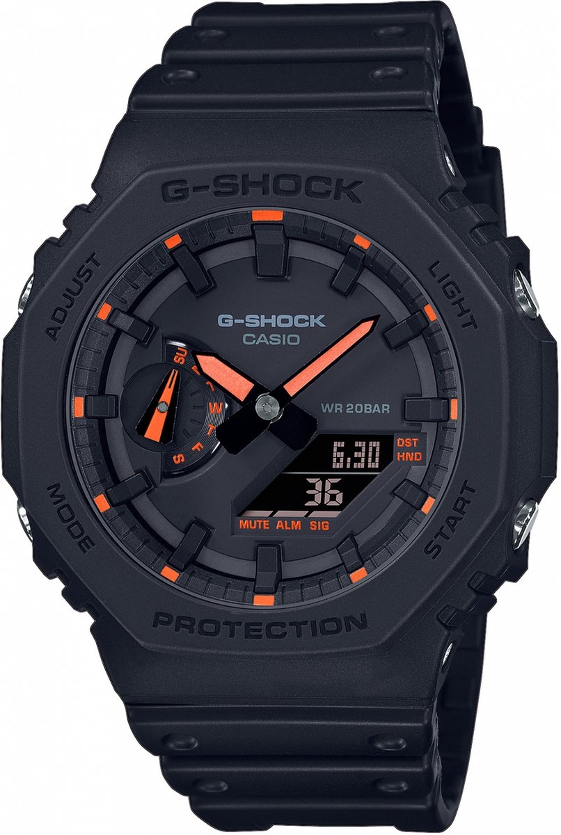 horloge, G-SHOCK, digitaal-analoge combinatie, rood-oranje accenten, resistantie 20 bar