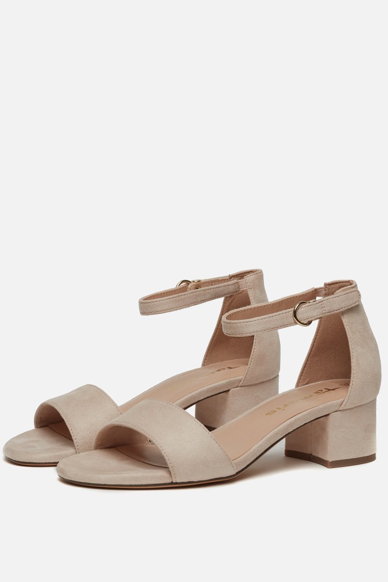 sandalen, opentoes, midheel, ankelband, suede