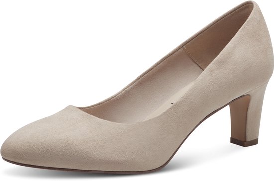 puntige schoenen, pump, midheel, beige suède, plattehals
