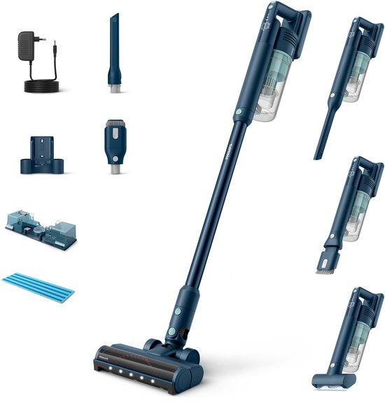 Philips Steelstofzuiger met Dweilfunctie XC5041/01 Aqua - Draadloos en Zonder Zak - Zuigmond met LED Verlichting - Kruimeldief - Batterijduur tot 60 min - Lichtgewicht - Blauw