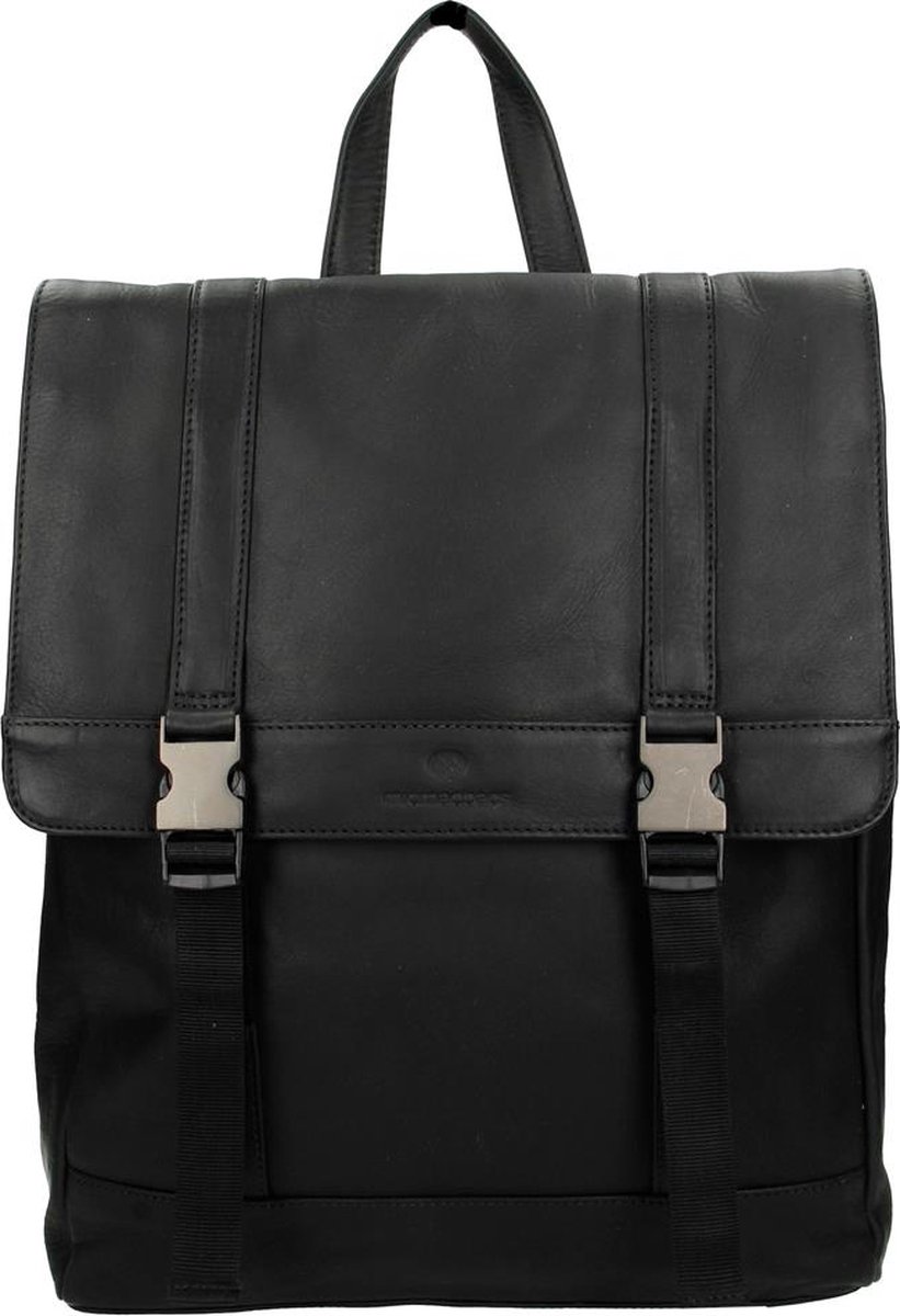 rugzak, zwart, tweedelige sluiting, leren accent, handvat