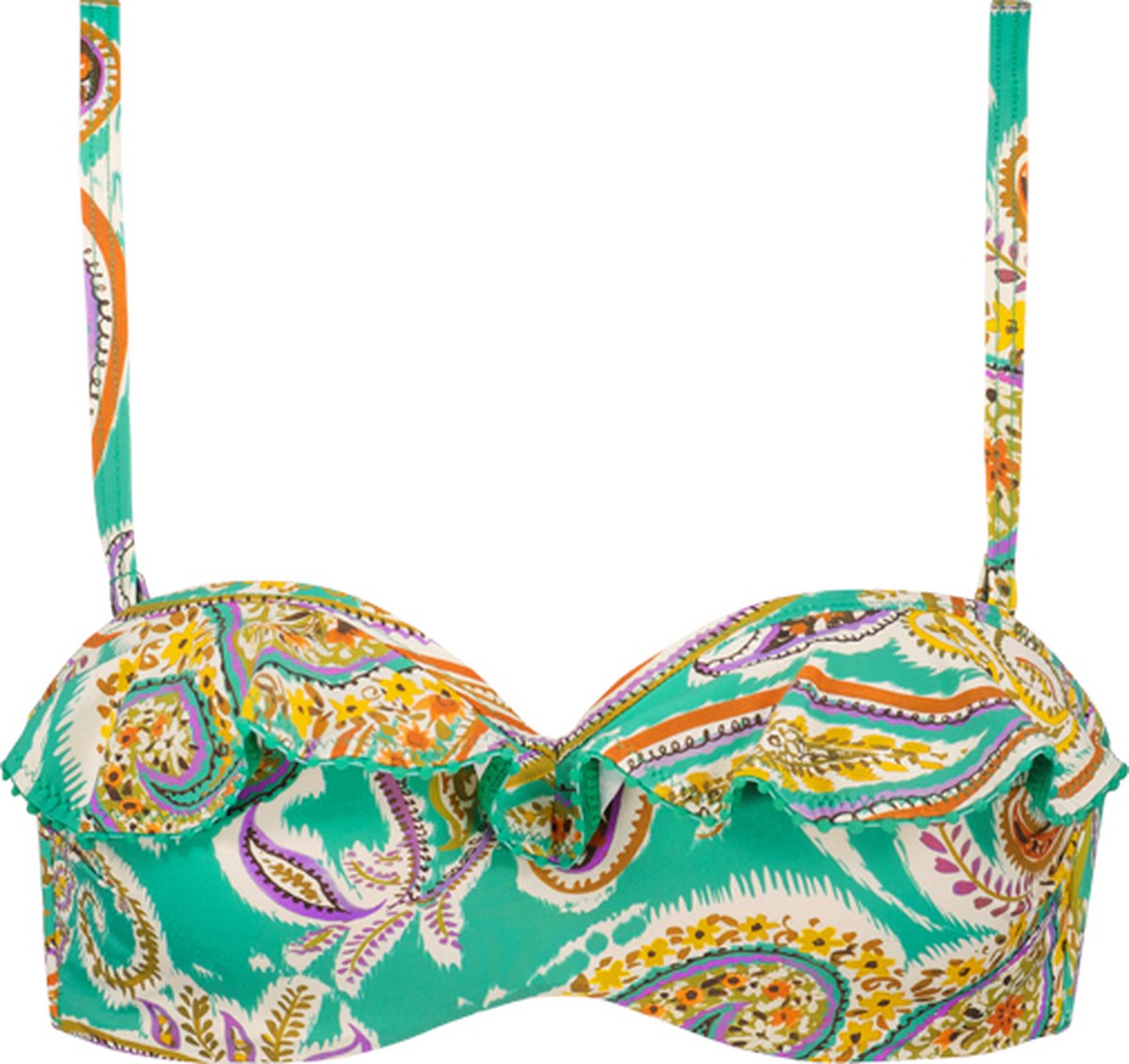 bikini top, strapless?, tropical print, colorful, paisley pattern