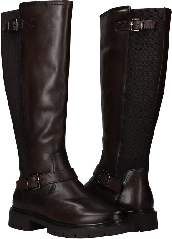 kniehoge boots, lederen boots, bruine kleur, riempjes, zwarte elastische panelen