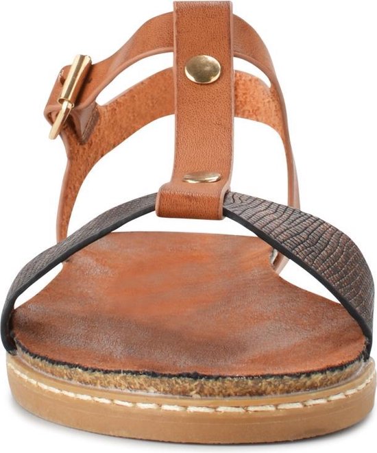 PS Poelman Dames Sandalen - Maat 40 - Lizzy - Cognac Bruin met Metallic Brons Snake Print