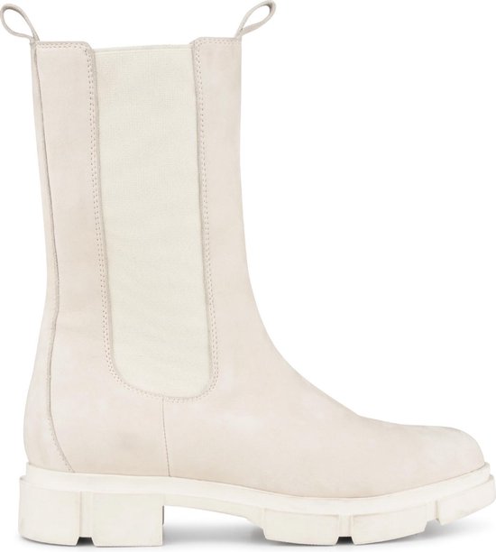 PS Poelman Kimmy - Maat 38 - Dames Leren Chunky Chelsea Enkellaarzen met Elastiek - Beige Crème Wit